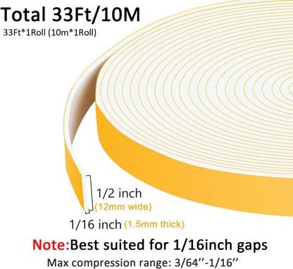 White Strong Adhesive Seal Foam Tape, Weather Stripping for Door and Window, Seal Gasket for Speaker, Door Insulation, Soundproofing, Weatherproof Rattle (1/2 in x 1/16 in x 33Ft)