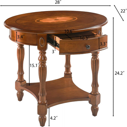 Solid Wood End Table with Drawer and Storage Shelf, Oval Sofa Side Table with Carved Legs, Living Room Corner Table, Large Beside Table, Elegant Vintage, No-Tools Assembly, Caramel Brown CJZ1533MG
