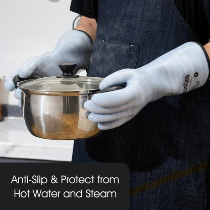 COOLJOB Heat Resistant Oven Gloves, Waterproof Liquid Silicone BBQ Grilling Gloves for Barbecue, Kitchen Cleaning, Baking, Blue, Large