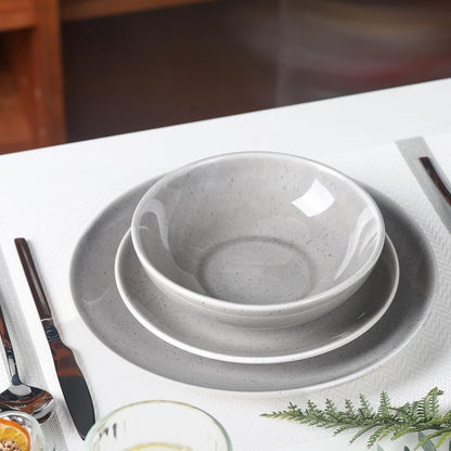 CQN&ZXD Ceramic Plates and Bowls Sets, 12 Pieces, Hand-Crafted Dishes set for 4 with Gradient Reactive-Glaze, Microwave & Dishwasher Safe Dinnerware Sets, Modern Style, Velvet Grey & Meteor Blue