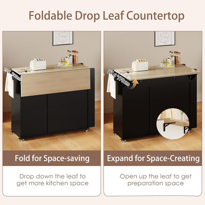 Kitchen Island with Drop Leaf & Power Outlet, Rolling Kitchen Island on Wheels with Trash Can Storage, Island Table Bar Cart with Spice Rack, Towel Rack, Drawers, Mobile Kitchen Carts on Wheels