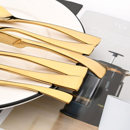 24-Piece Gold Flatware, Mirror 18/10 Stainless Steel Modern & Luxury Dinnerware Set With Serrated Steak Knife Teaspoon For Daily Use or Dinner Party Restaurant - Service For 4