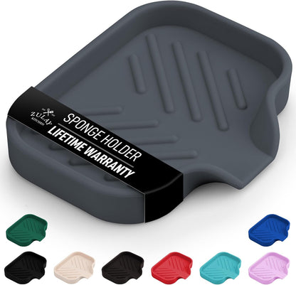 Zulay Kitchen Small Silicone Sponge Holder (4.9x3.3”) – Space-Saving Sink Organizer Tray for Sponge, Soap, Brush & More – Compact Non-Slip Dish for Kitchen & Bathroom (Grey)