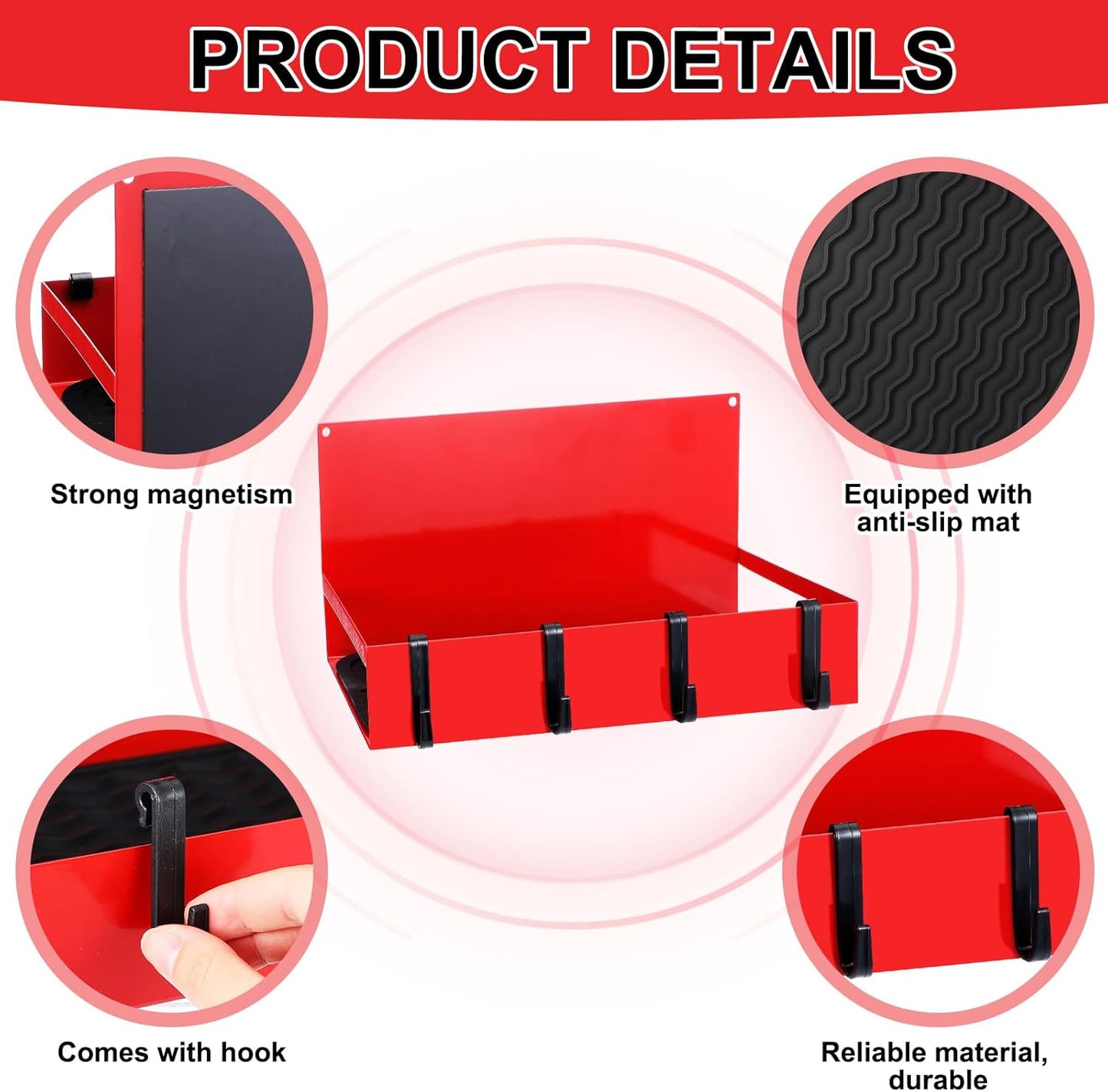 3 Pack Magnetic Garage Organizer Spice Rack for Refrigerator - 20 lb Capacity Shelf Hanging Heavy Duty Fridge Side for Organize Garage Tools, Red