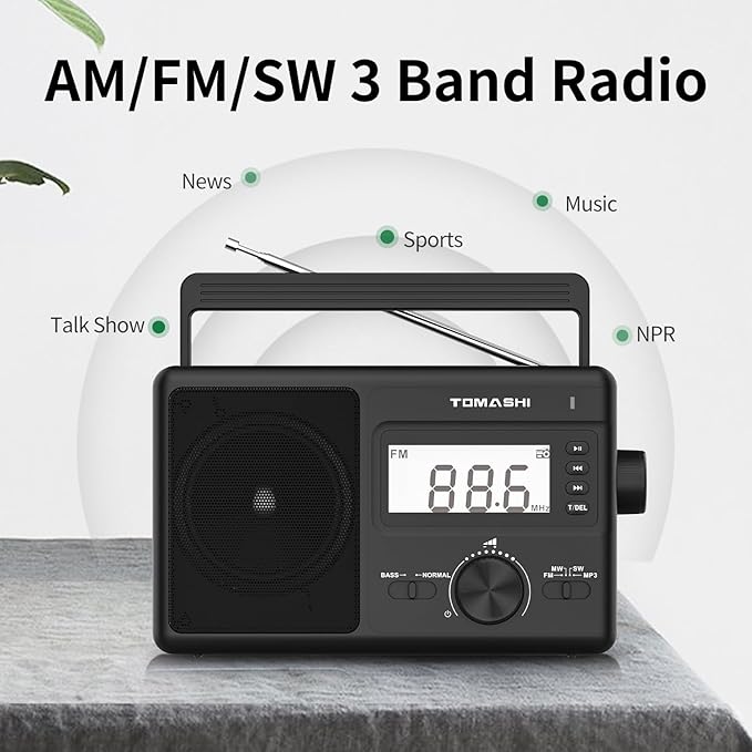 Portable AM/FM/SW 3 Band Radio, AM FM Radio with Clock, Battery Operated, Micro SD/USB for MP3/WMA Playback, LCD Display, ATS Function