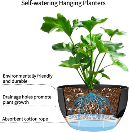 2 Pack Hanging Planters for Indoor Outdoor Plants, 12 Inch Self Watering Hanging Pot with Drainage Holes and Saucer, Plastic Plant Pots, Black Brown Flower Pots for Kitchen, Balcony, Garden