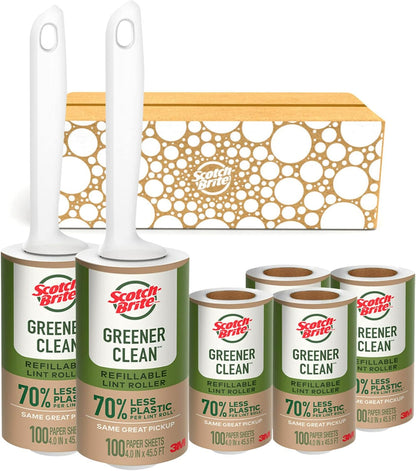 Scotch-Brite Greener Clean Lint Roller, Reusable Lint Rollers for Clothes, Furniture, and Pet Hair, Tidy Up Fabrics with a More Sustainable Fuzz Remover, 2 Roller, 4 Refills