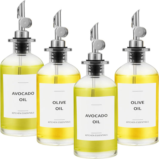 Olive Oil Dispenser Bottle - Includes 55 Kitchen Essential Labels - Cooking Oil Bottles for Kitchen, Coffee Syrup Dispenser - Pourer Spout with 11.8 fl oz Glass Container Cruet - 4pcs Silver