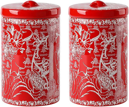 Porlien Lady Porcelain 15-ounce Canisters Set of 2, Food Storage Containers with Lid for Coffee Beans, Tea, Condiments & Nuts, Gifts for Mothers'Day, Thanksgiving, Christmas, Valentine’s Day