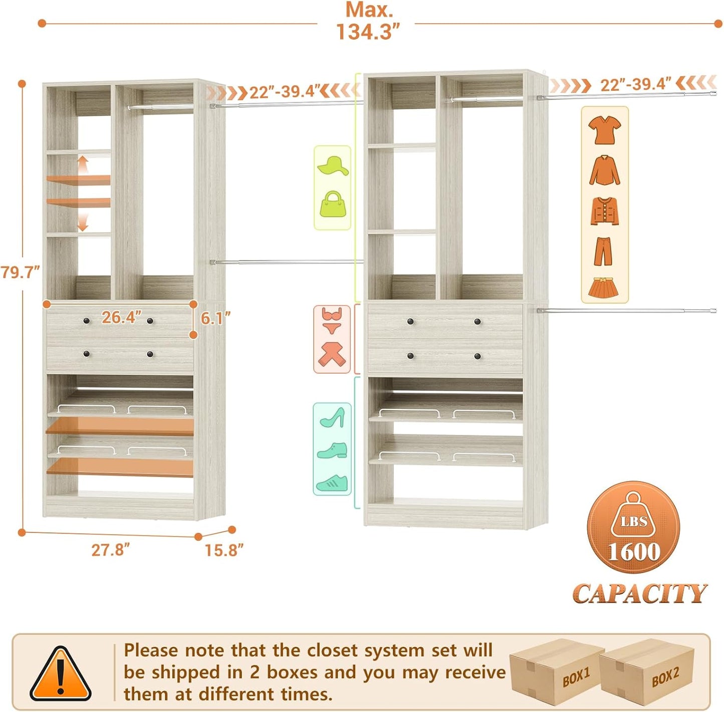 Closet System, Up to 134"/11.2 FT Closet Organizer with 4 Wooden Drawers and Shelves, Walk-in Closet System with 6 Hanging Rods, Built-in Closet Can Fit 96"/8FT, 120"/10FT, Greige Oak