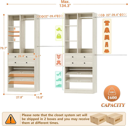Closet System, Up to 134"/11.2 FT Closet Organizer with 4 Wooden Drawers and Shelves, Walk-in Closet System with 6 Hanging Rods, Built-in Closet Can Fit 96"/8FT, 120"/10FT, Greige Oak