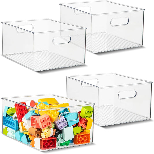 Plastic Food Storage 4 Pack Clear Container Bin with Handles for Organizing Kitchen, Pantry, Refrigerator, Freezer, Pantry, Cabinet, Closet, Bathroom 10”x8”x5”