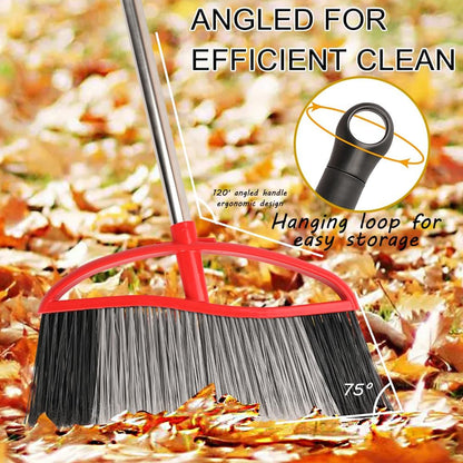 Outdoor Broom, 15.7" Wide Heavy Duty Angle Broom with Long Handle, Stiff Bristles for Sweeping Patio, Garden, Garage, Yard (Red), MULB36