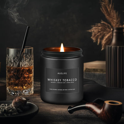 Whiskey Tobacco Candle | Masculine Candles for Men, Soy Candles for Home Scented, Manly Gifts Tobacco Candle for Home - Gifts for Men, 7oz Black Jar
