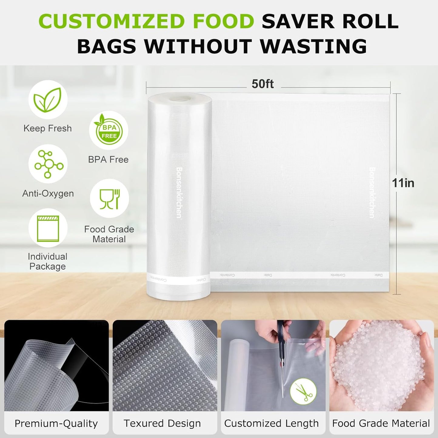 Bonsenkitchen Vacuum Sealer Bags, 11 in x 50 ft Rolls 2 Pack Seal Bags for Food Storage Saver, BPA Free, Commercial Grade Textured Food Roll Bags, Customized Size Bag for Sous Vide Cooking,VB3210
