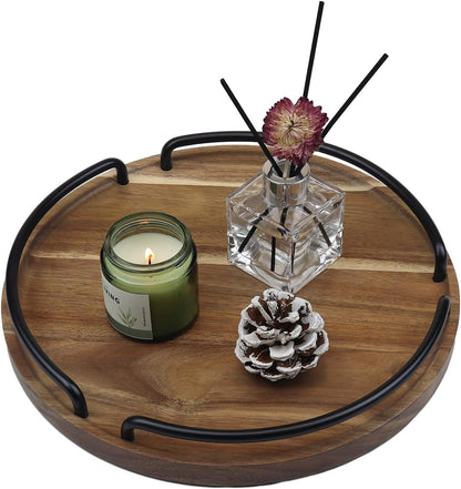Round Wooden Serving Tray - Rustic Style Decorative Tray for Coffee Table, Living Room, Vanity - Acacia Wood Tray with Handles - Housewarming Gift - 12 Inches (Diameter)
