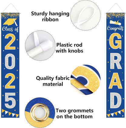 Graduation Decorations 2025 GRAD Banner Blue Porch Door Sign Welcome Banner For Indoor Outdoor Wall Graduation Decorations Class of 2025