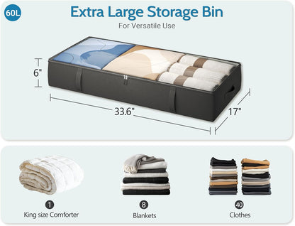 2-Pack Under Bed Storage, 6 Inches Tall Closet Organizers and Storage Bins with Sturdy Sidewalls/Bottom/4 Handles, Black