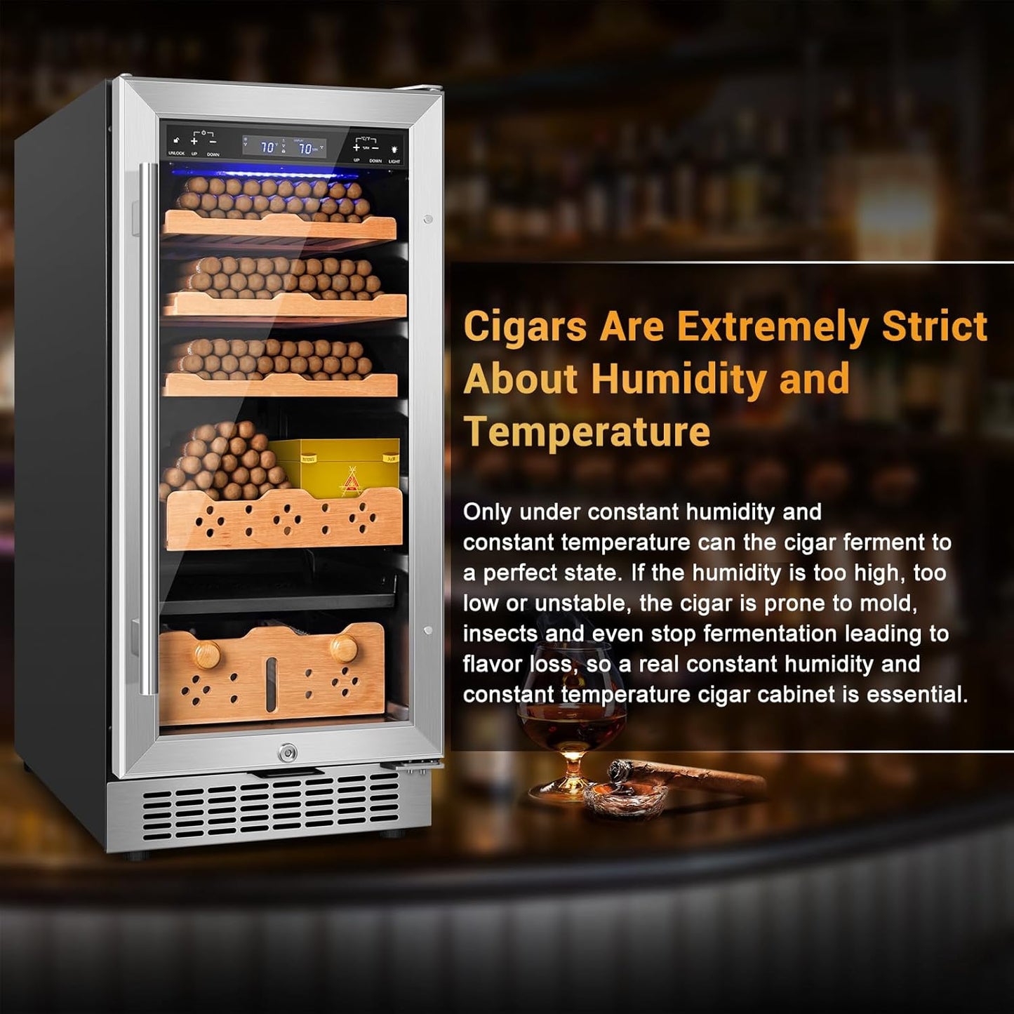 Electric Cigar Humidor,15 Inch Upgraded Large Capacity Electric Cigar Cabinet with Powerful Compressor, Digital LED Screen, Safety Lock,Smart Temperature Control,Father's Day Gift for Men