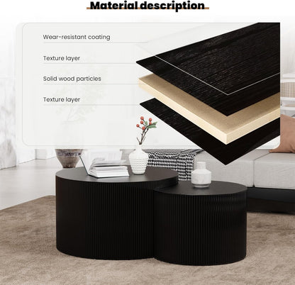 Round Nesting Coffee Table Set of 2 Handcraft Circle Fluted Nesting Coffee Tables Circular Side Table Drum Accent End Tables for Living Room Bedroom (Black Small)