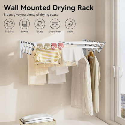 APEXCHASER Wall Mounted Clothes Drying Rack, Laundry Drying Rack Retractable, Towel Racks Wall Mounted for Bathroom Balcony Laundry Room Indoor, Foldable Accordion Dryer Rack for Clothing, White