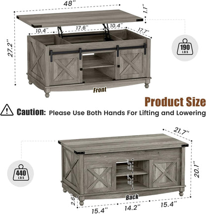 48" Farmhouse Lift Top Coffee Table with Storage Sliding Barn Door & Large Hidden Compartment, Coffee Table with Lifting Top with Wooden Lift Tabletop, Coffee Tables for Living Room, Grey