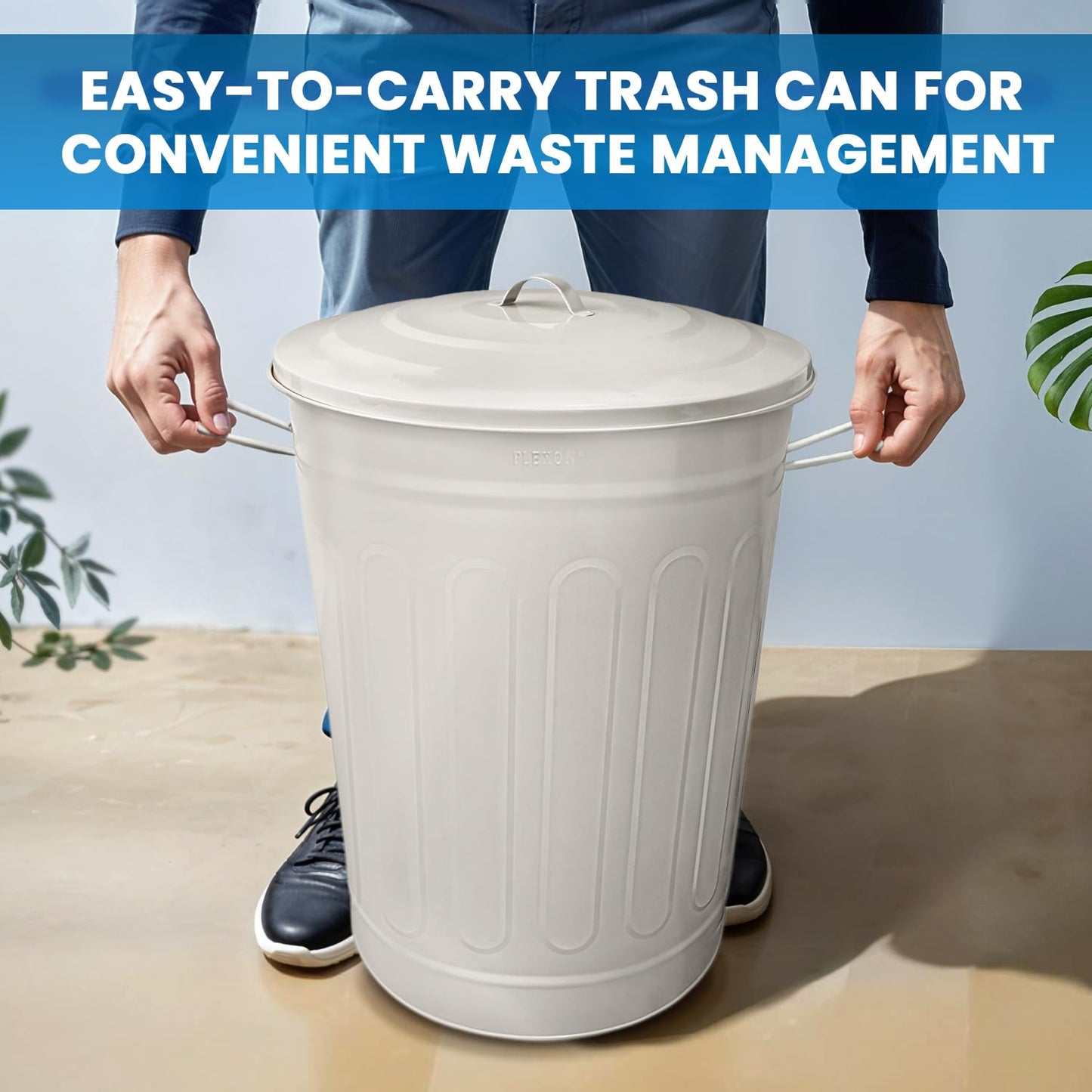 Plexon Round Trash Can 13 Gallon, Vintage Metal Outdoor Trash Can with Lid, Retro Farmhouse Garbage Container, Old School Modern Ash Bucket, Beige 6 Pack