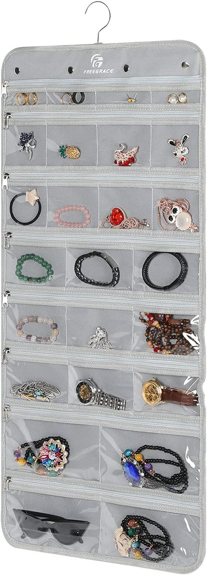 Freegrace Hanging Jewelry Organizer Revolving Hanger - Secure Zipper Closure - 50 Pockets - Foldable Storage & Display Solution - For All Jewelry & Bijoux (Gray)