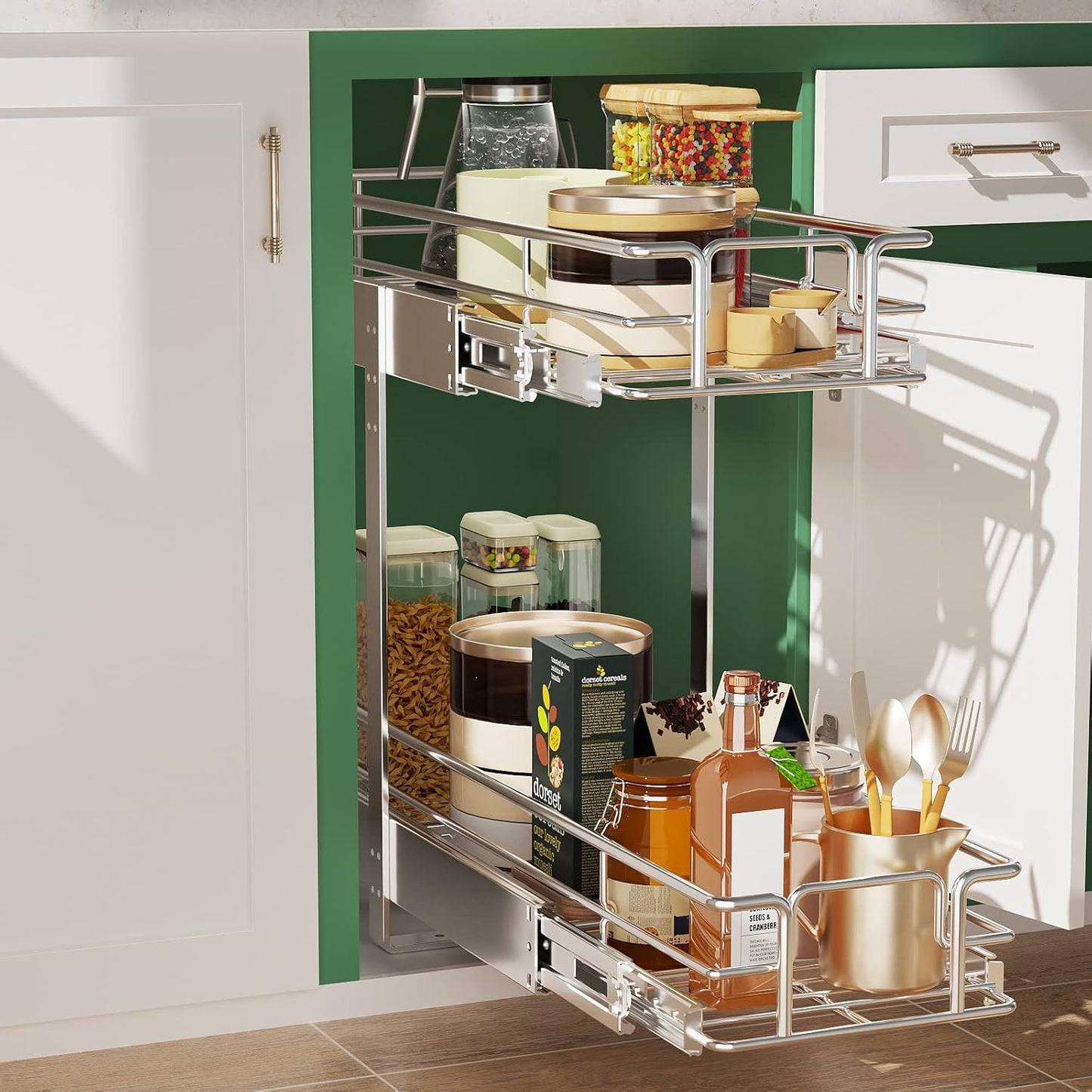 LOVMOR 2 Tier Individual Pull Out Cabinet Organizer 9" W x 21½" D, Slide Out Kitchen Cabinet Storage Sliding Shelves