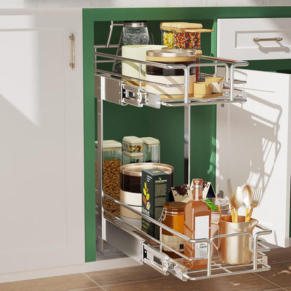 LOVMOR 2 Tier Individual Pull Out Cabinet Organizer 9" W x 21½" D, Slide Out Kitchen Cabinet Storage Sliding Shelves