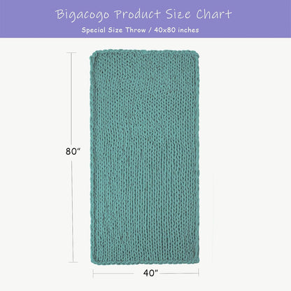 Bigacogo Chunky Knit Throw Blanket for Couch, 40x80 inches, 100% Hand Knitted with Thick Jumbo Chenille Yarn, Cozy Soft Large Rope Knot Cable Crochet Blankets for Sofa Bed Living Room, Light Teal