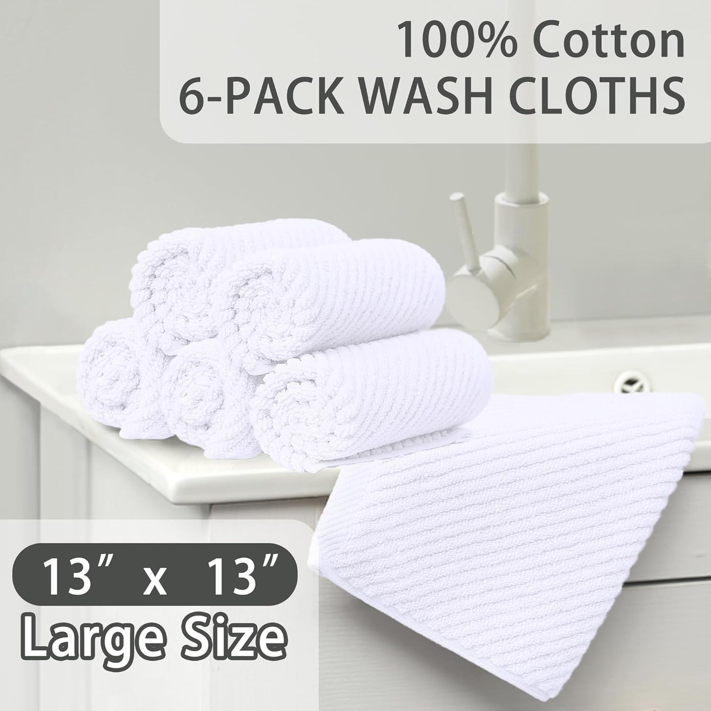 White Washcloths for Bathroom (6PC, 13"x13") - Cotton | Quick Dry | Lightweight | Thick | Soft | Absorbent, Hand Towels for Face & Body, Wash Cloths for Bathroom & Showering, Towel Gift Set