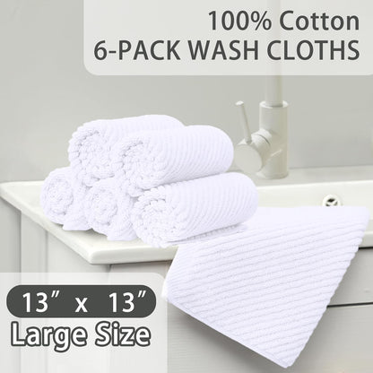 White Washcloths for Bathroom (6PC, 13"x13") - Cotton | Quick Dry | Lightweight | Thick | Soft | Absorbent, Hand Towels for Face & Body, Wash Cloths for Bathroom & Showering, Towel Gift Set