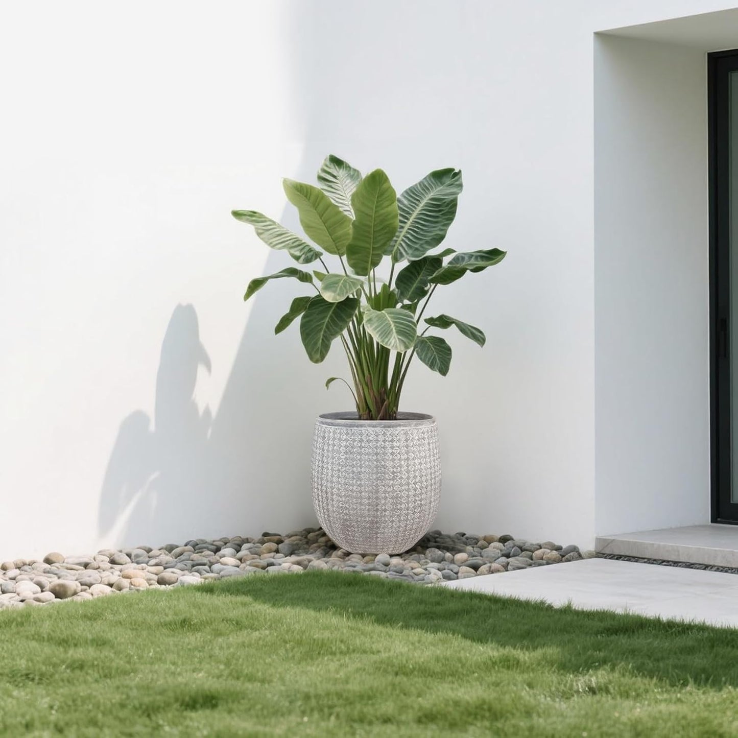 Worth Garden Large Grey Round Planter – 14.5" Dia x 17.5" H Lightweight Magnesium Oxide Cement Plant Pot with Texture – Raised Pattern Concrete Look – Drainage Hole – Indoor & Outdoor Use