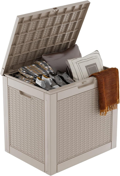 DRATO 31 Gallon Deck Box, Outdoor Storage Box for Patio Cushion, Sports Equipment, Garden Tools, Waterproof Resin Storage Box (Light Brown)