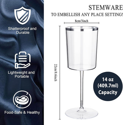 Ciaell 12 Pack Plastic Wine Glasses - 14 Oz Plastic Wine Glasses with Stem - Square Silver Disposable Stemmed Glass for Parties & Weddings & Outdoors