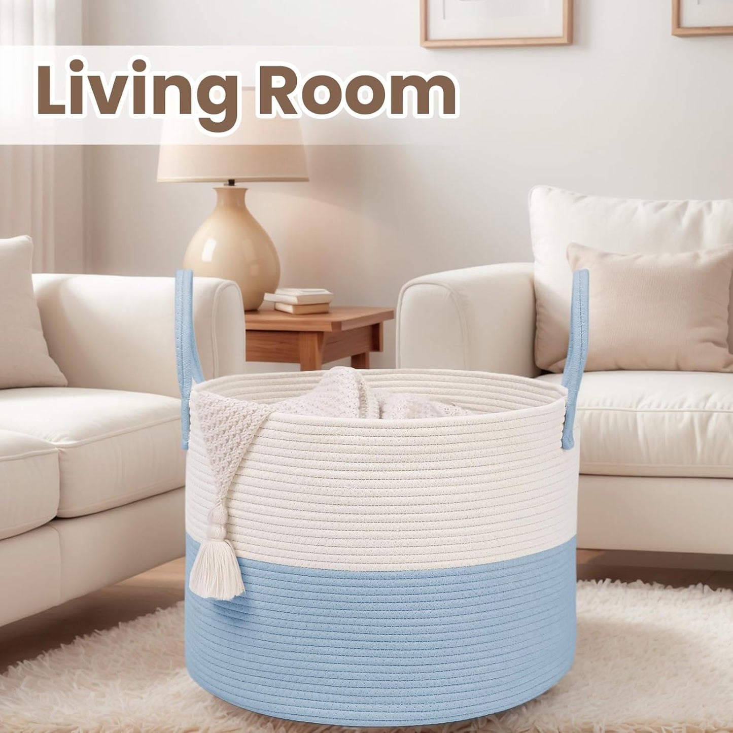 Woven Blanket Basket,65L Large Rope Storage Bin with Handles, Organizer for Blankets Toys Book and Clothes, Laundry Basket for Living Room Bedroom Nursery,White&Blue