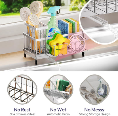 SWTYMIKI Sink Caddy Sponge Holder - Large Sponge Holder for Kitchen Sink with 360°Auto-Drain Tray, Rustproof Stainless Steel Kitchen Organizer Caddy for Countertop Organization