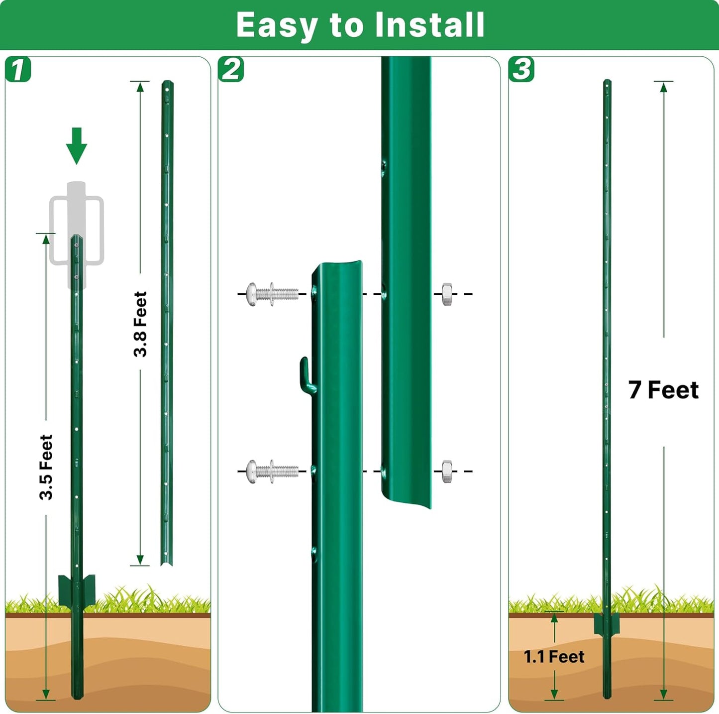 ARIFARO Sturdy Duty Metal Fence Posts 7 Feet assemblable,Pack of 10, No Digging Garden U Post for Wire Fencing Steel Poles for Yard, Outdoor