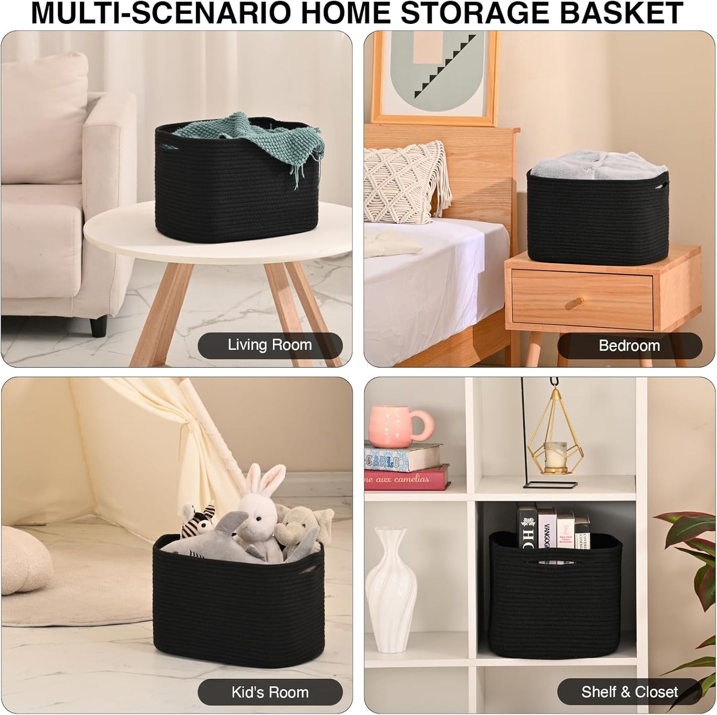 Woven Cotton Rope Storage Basket for Organizing, Cute Decorative Baskets for Gifts Empty, Organizer Bins for Dog Toy, Baby Laundry, 15“×11”×9.5“, Black