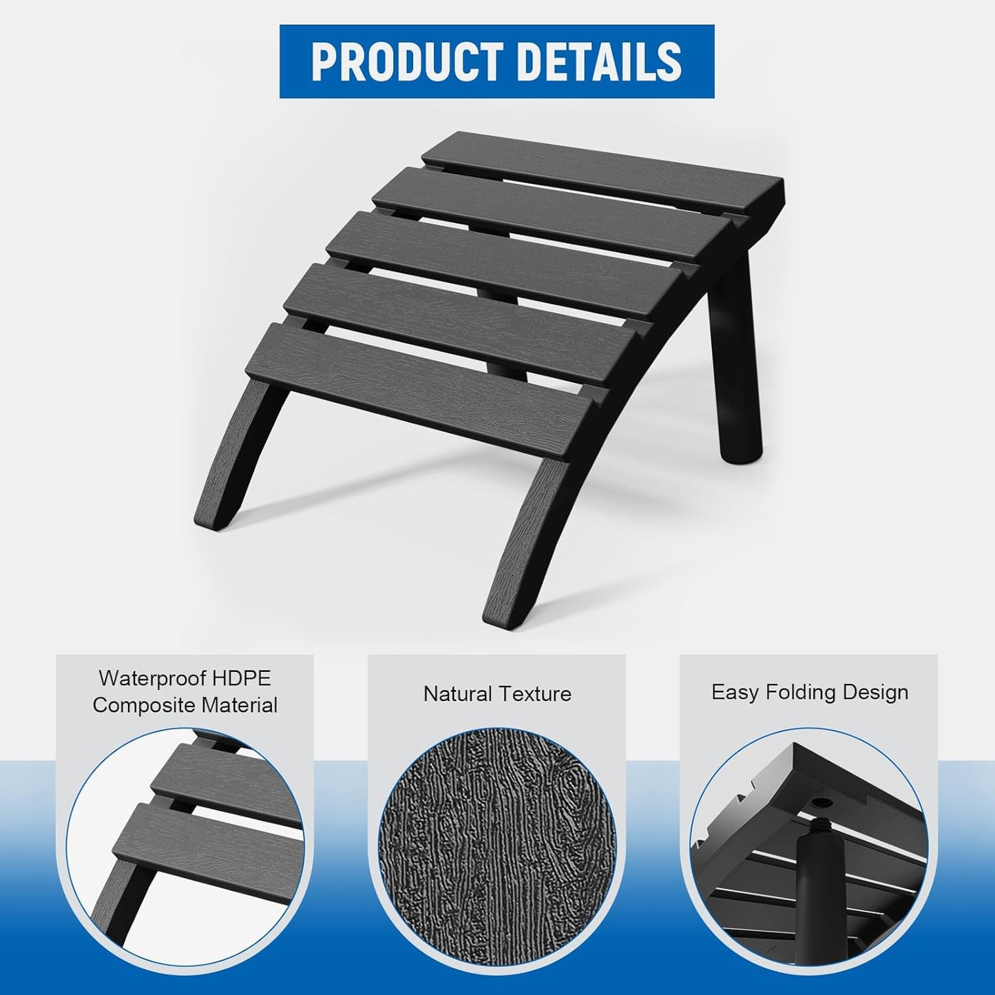 Adirondack Ottoman, HDPE Plastic Adirondack Footstool, All Weather Foot Rest for Adirondack Chair, Outdoor Footrest for Patio,Backyard, Lawn, Fire Pits, Black