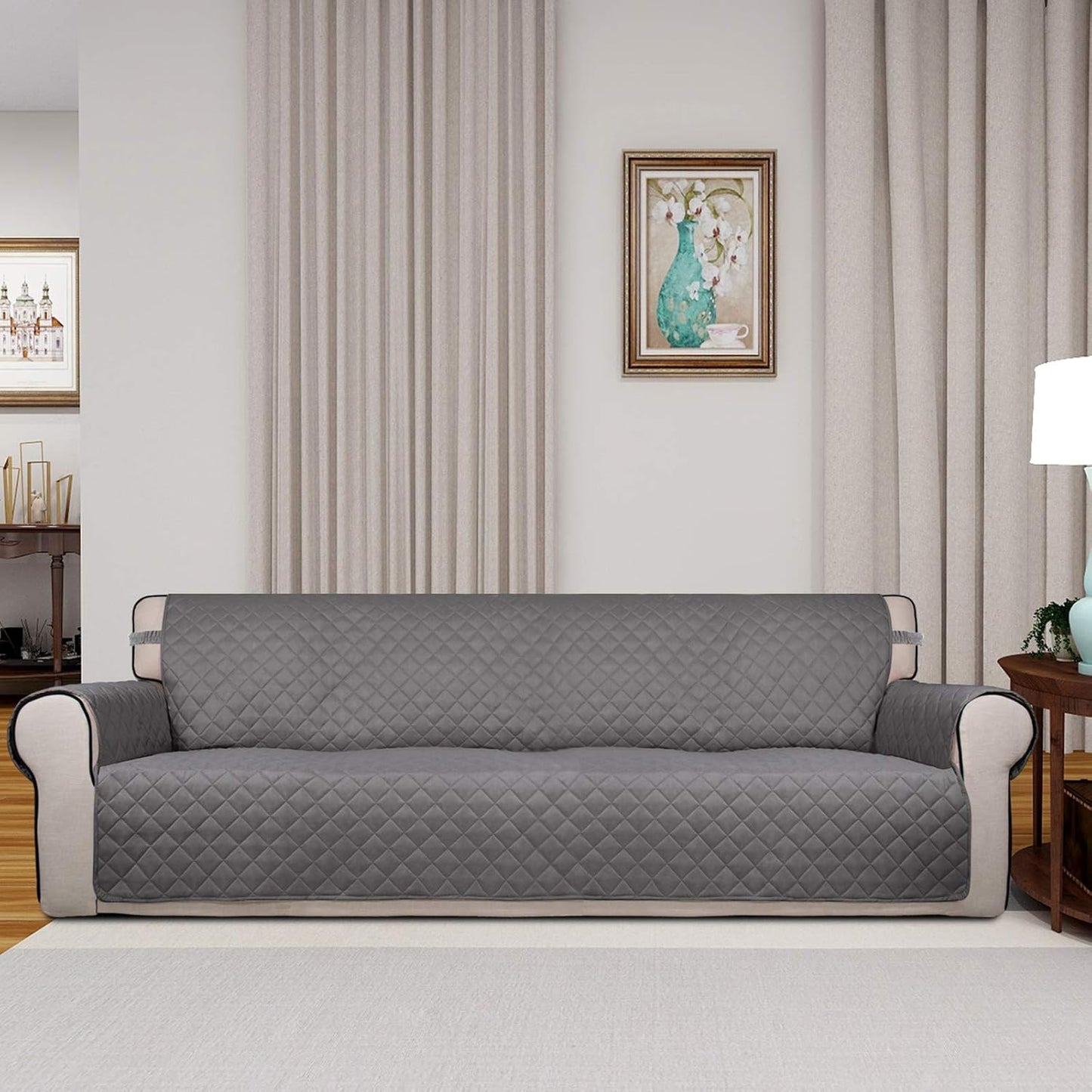 PureFit Reversible Quilted Sofa Cover, Water Resistant Slipcover Furniture Protector, Washable Couch Cover with Non Slip and Elastic Straps for Kids, Dogs, Pets (XX Large, Gray/Light Gray)