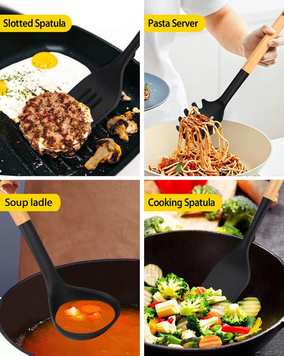 Silicone Kitchen Utensil Set for Non Stick Cookware, 7 Pcs Heat Resistant Cooking Utensils with Wooden Handle, BPA Free Kitchen Tools with Spatulas, Spoons, Skimmer and Pasta Fork (BLACK)