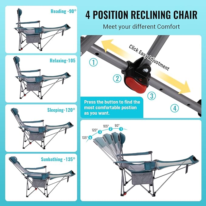 #WEJOY 2-in-1 Reclining Camping Chair with Footrest for Adults Folding Lounge Chair with Adjustable Backrest Lightweight Camping Chairs Heavy Duty Camp Chairs for Outdoor