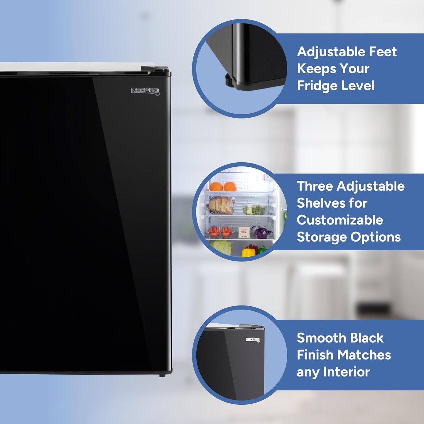 RecPro 3.3 Cu Ft 12V RV Refrigerator | Black Fridge with Adjustable Shelves, 18-Can Door Storage, Reversible Door | 7 Temp Settings, Frost-Free | Ideal for RVs & Small Spaces