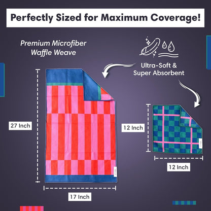 Microfiber Hand Towel & Washcloth Set of 2 - Double-Sided, Waffle Weave, Super Absorbent, Lint-Free, Fast Drying - Stars & Stripes Pattern for Bathroom, Kitchen, Car, and Window Cleaning