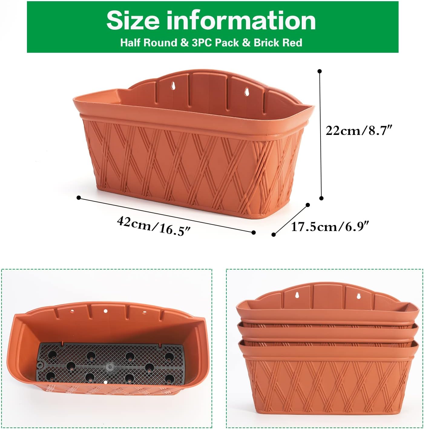 Sungmor 3 Pack Wall Hanging Planters, 16.5 Inch Railing Fence Hanging Flower Pots, Thickened Plastic Water Storage Plant Pot, Indoor Outdoor Garden Balcony Decor, Large Terracotta Color Plant Basket