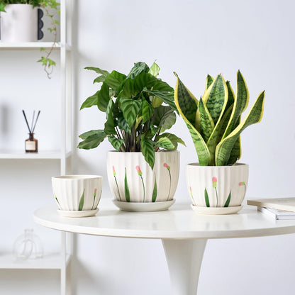 4/5/6 Inches Ceramic Plant Pots with Drainage Holes and Saucers, Round Flower Pots for Indoor Plant, Small Flower Planters Set of 3 (White Floral-Big Size)