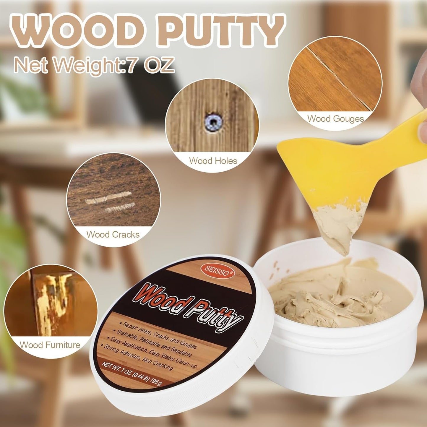 SEISSO Wood Putty, Golden Oak Wood Filler Paintable, Wood Putty Outdoor Waterproof, Wood Repair Putty Stainable, Wood Furniture Repair kit - Restore Wooden Table, Cabinet, Floors, Door
