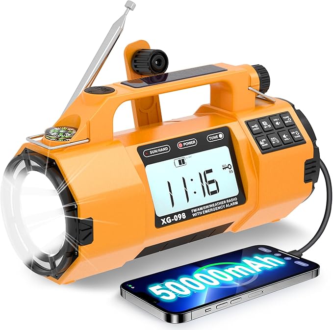 Hand Crank Emergency Radio with NOAA Weather Alert, Replaceable Battery, Rechargeable Portable Solar SW/AM/FM Radio, Clock SOS Alarm & Flashlight Headphone Jack Emergencies